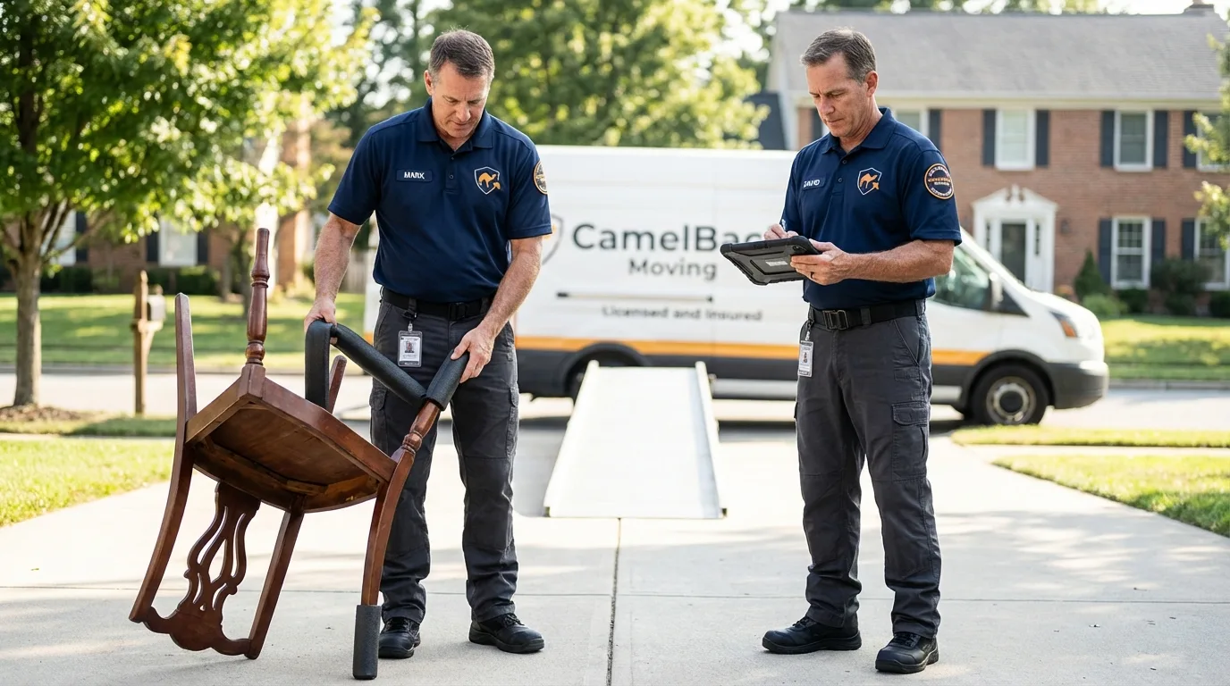 Movers inspecting furniture for damage prevention before loading in Ruidoso, NM