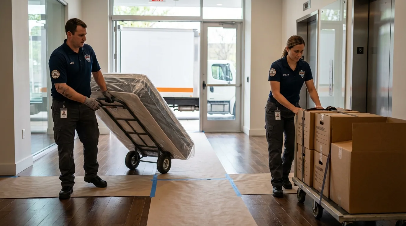 Professional apartment movers loading elevator in Ruidoso, NM