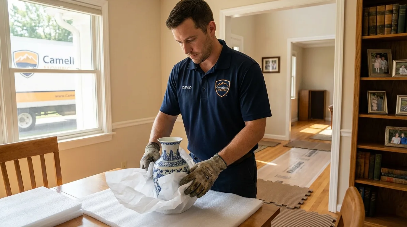 Professional crew carefully wrapping antique vase for senior downsizing move in Ruidoso, NM